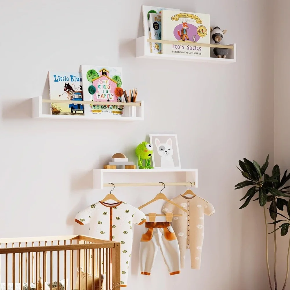 NEW! 16.5 Inch Floating Wall Bookshelves Set of 3 Solid Wood White and Natural